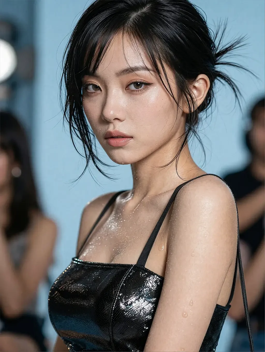 Fictional AI character in a black sequinned top at a party, glitter on her shoulders