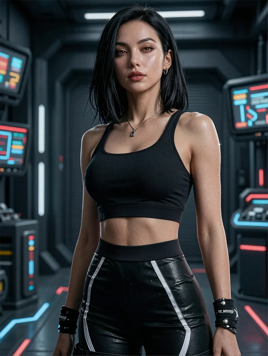 Fictional AI character in a black crop top and striped trousers in a neon-lit corridor