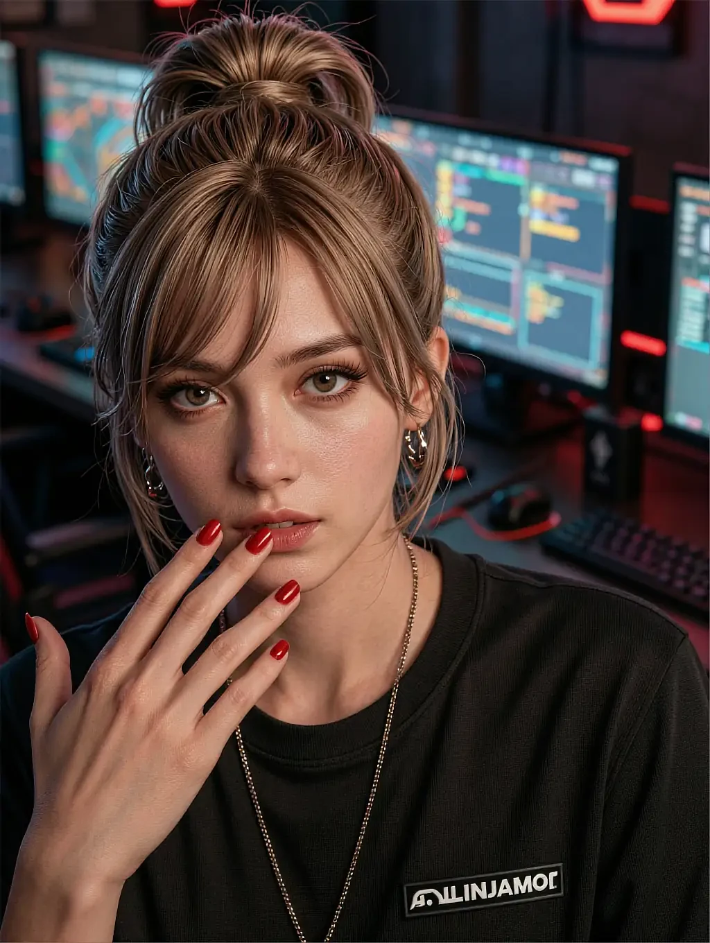 Fictional AI character in a black t-shirt at a desk of monitors, hand at her mouth