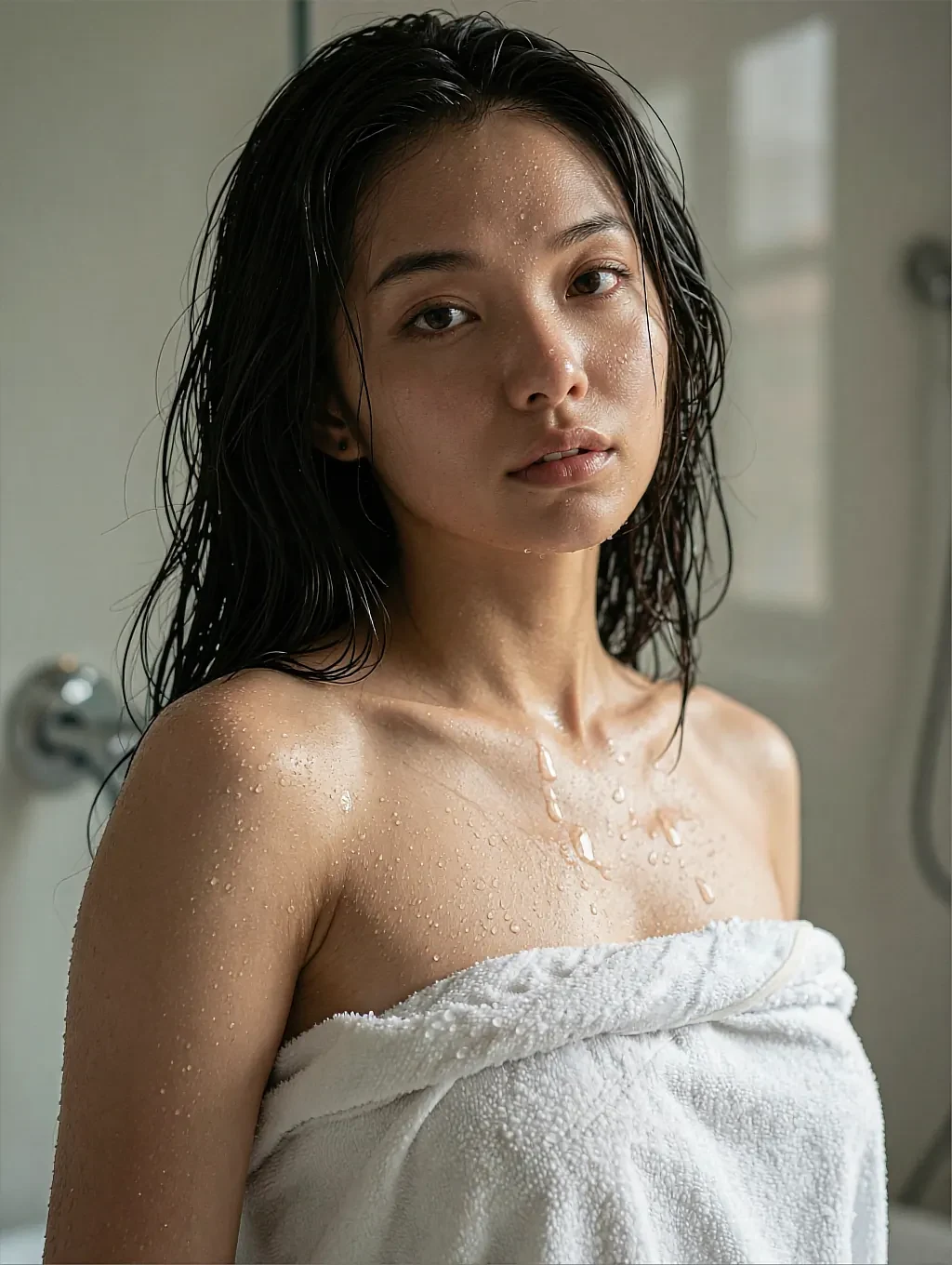 Fictional AI character with wet hair wrapped in a white towel in a daylit bathroom